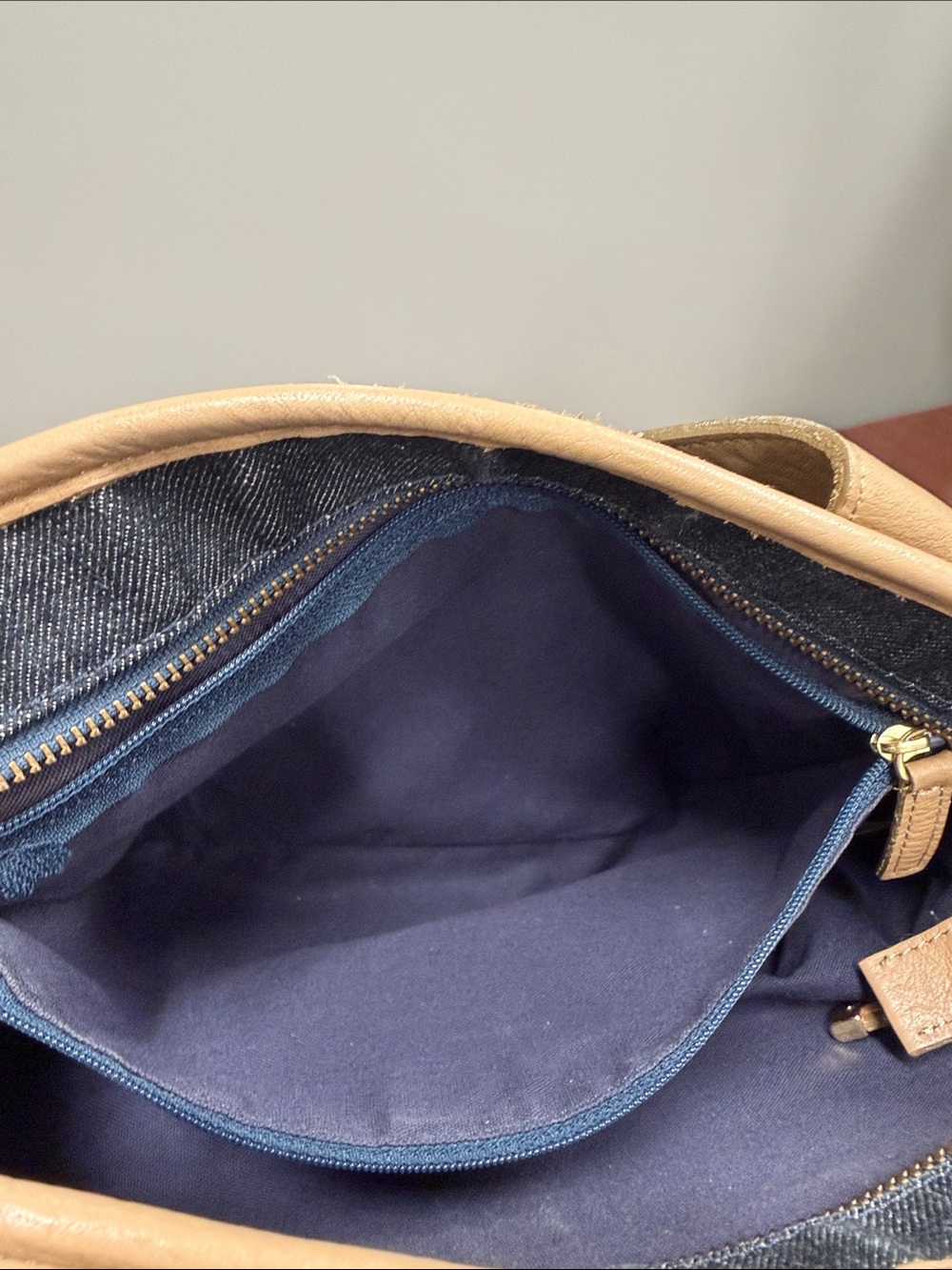 Burberry Denim Tote with Tan Leather Trim, Crossbody Strap and Gold Hardware - Picture 6 of 8
